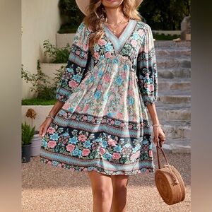 BTFBM Women Summer Dress Boho V Neck 3/4 Long Sleeve Ruffle Floral SZ L